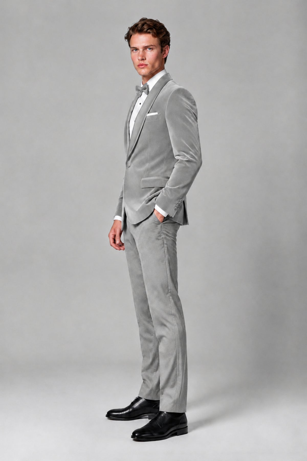BOLODOO Men's Silver Velvet Blazer | Shawl Lapel Tuxedo Jacket - Silver - Silver_4