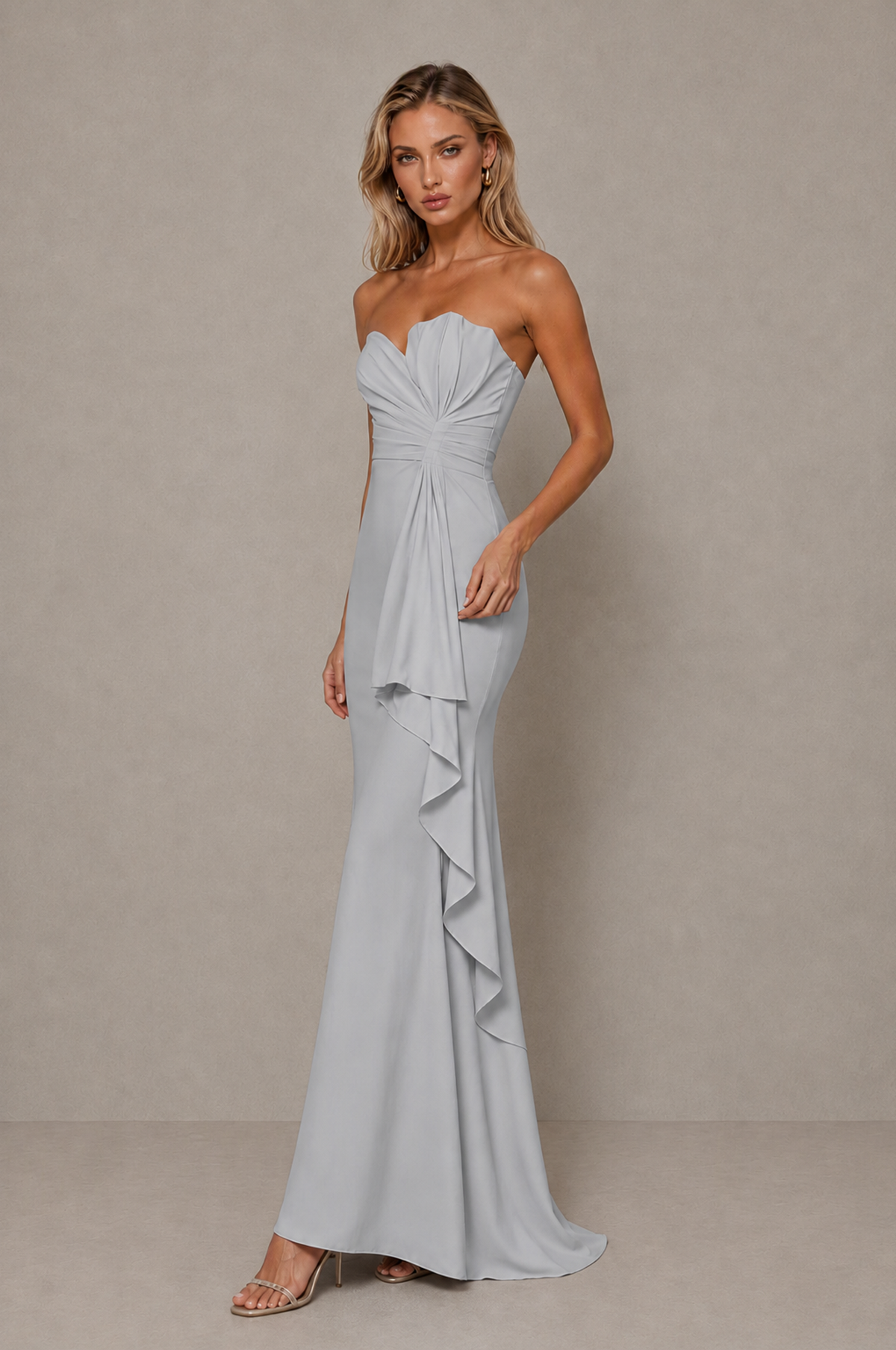 BOLODOO Silver Strapless Sweetheart Ruched Mermaid Gown | Cascade Drape Formal Evening Dress - Silver - Silver_4