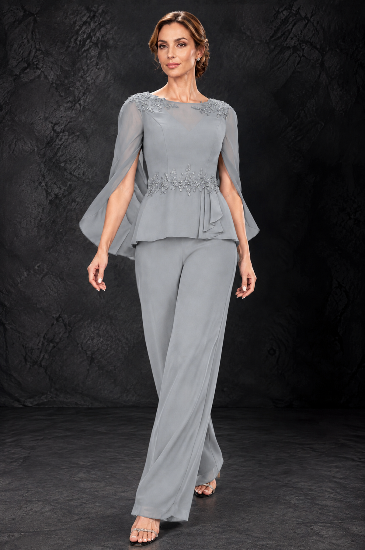 BOLODOO Silver Embellished Cape Sleeve Mother of the Bride Pantsuit - Silver - Silver_4