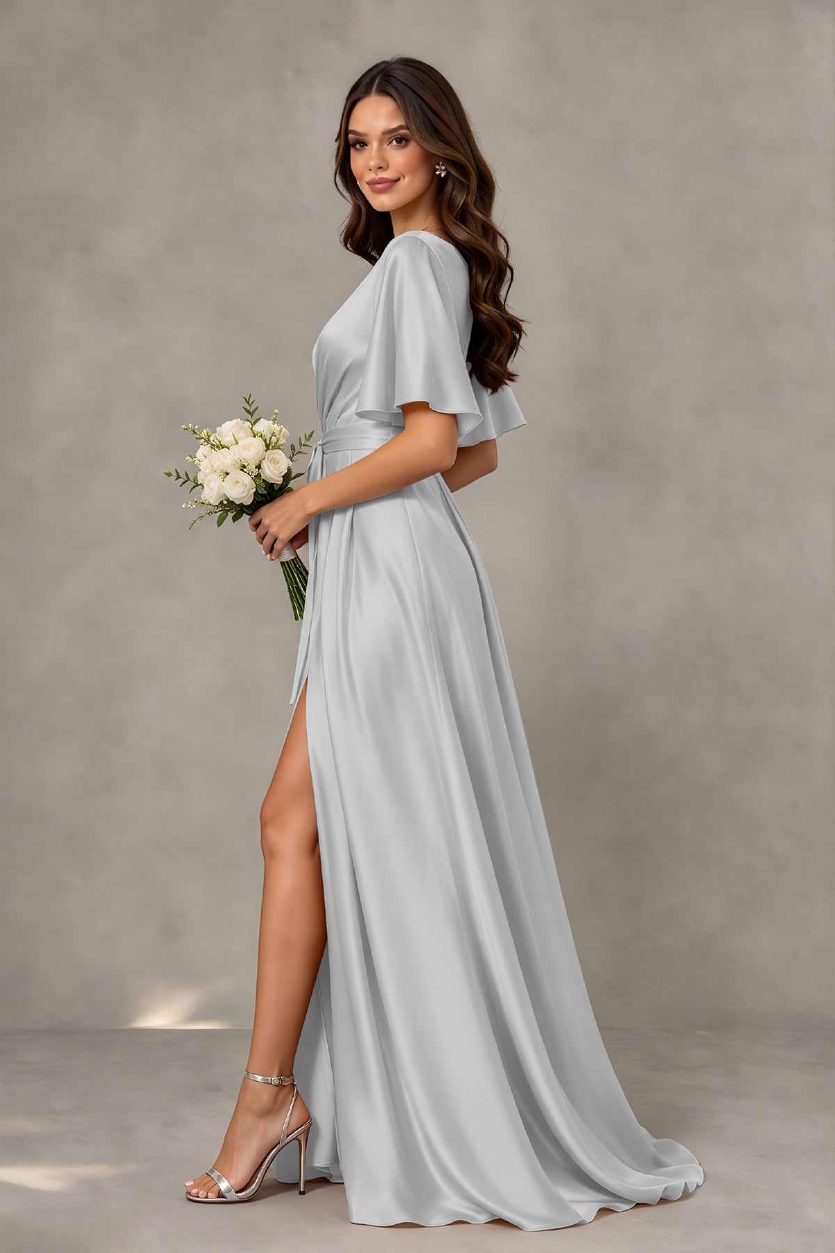 BOLODOO Silver Satin V-Neck Flutter Sleeve Bridesmaid Dress with Slit - Silver - Silver(4)