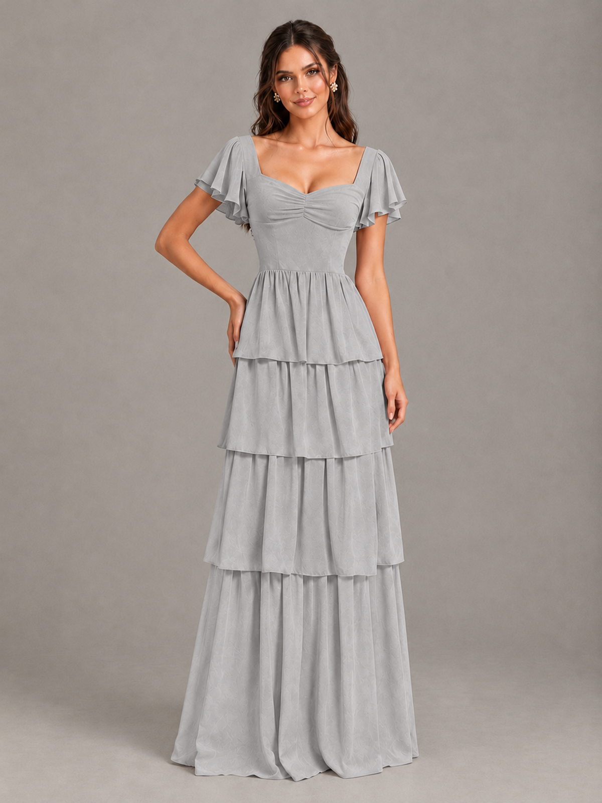 BOLODOO Silver Flutter Sleeve Tiered Maxi Bridesmaid Dress - Silver - Silver_4