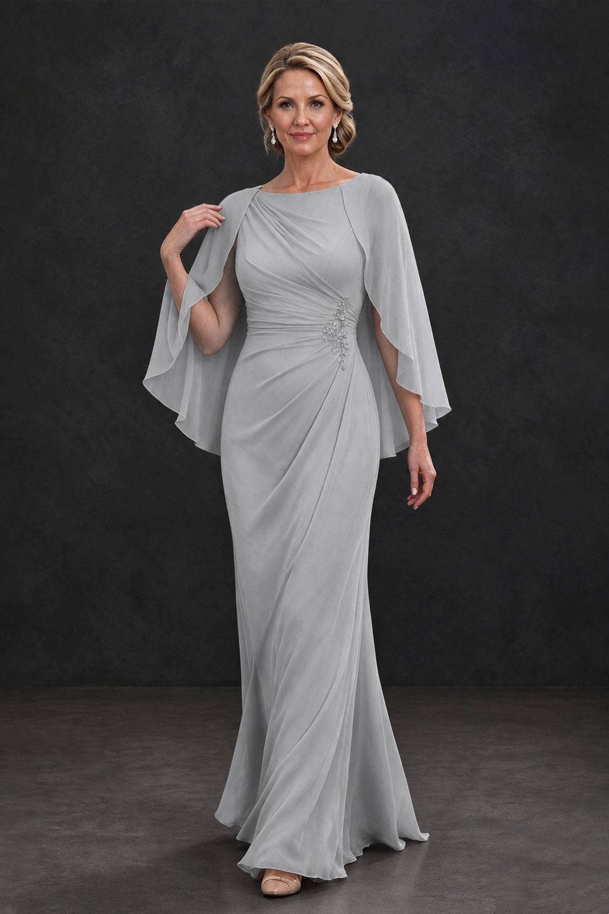 BOLODOO Silver Cape Sleeve Mother of the Bride Dress with Ruched Waist - Silver - Silver_4