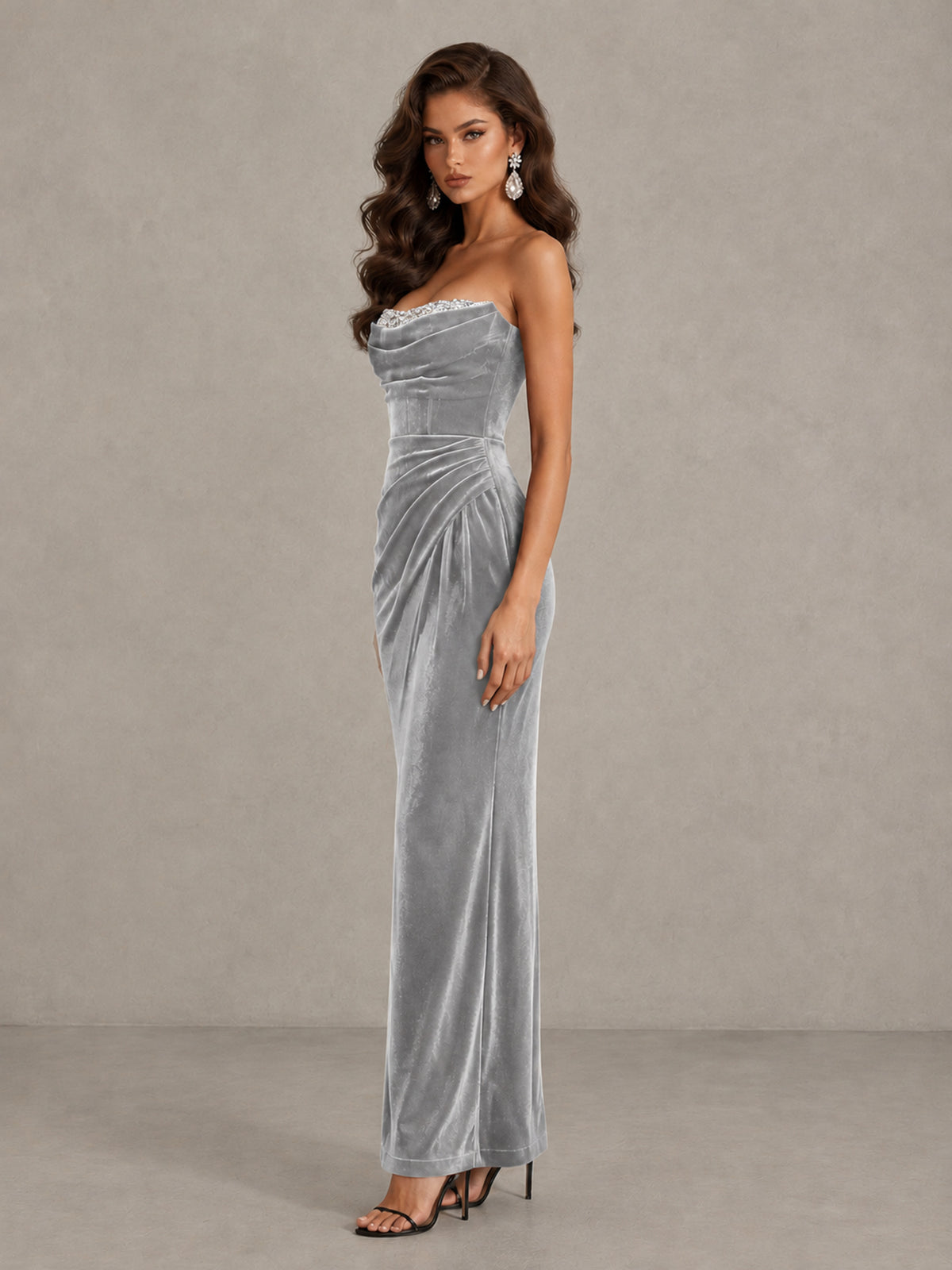 BOLODOO Silver Strapless Velvet Cocktail Maxi Dress - Silver - Silver_4
