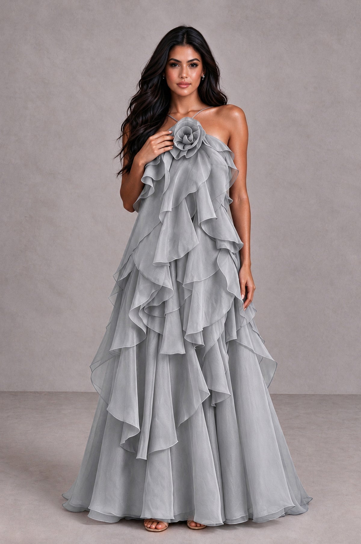 BOLODOO Silver Cascading Ruffle Rosette Open-Back Maxi Dress - Silver - Silver_4