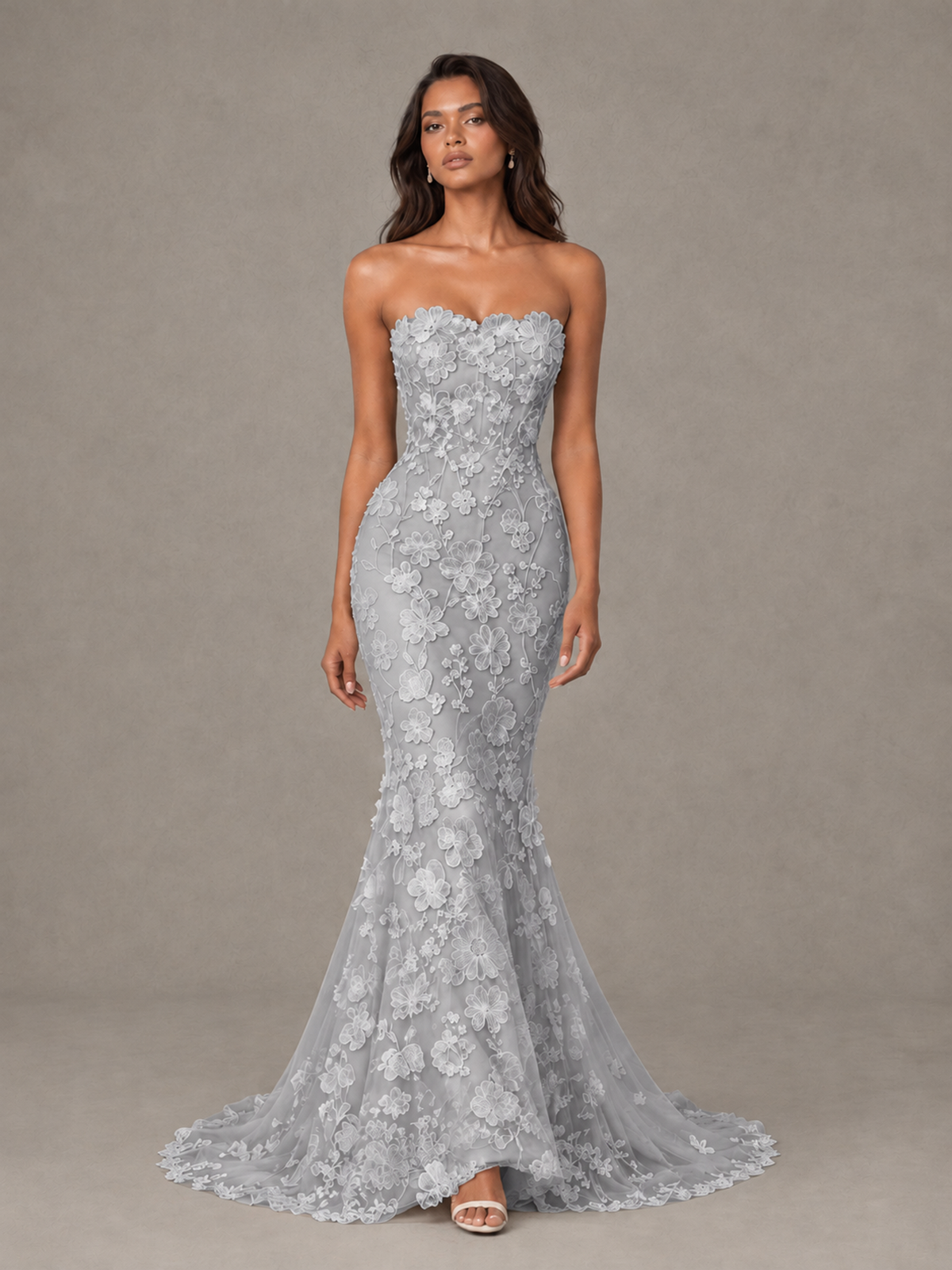 BOLODOO Silver Strapless 3D Floral Lace Mermaid Prom Dress with Train - Silver - Silver_4