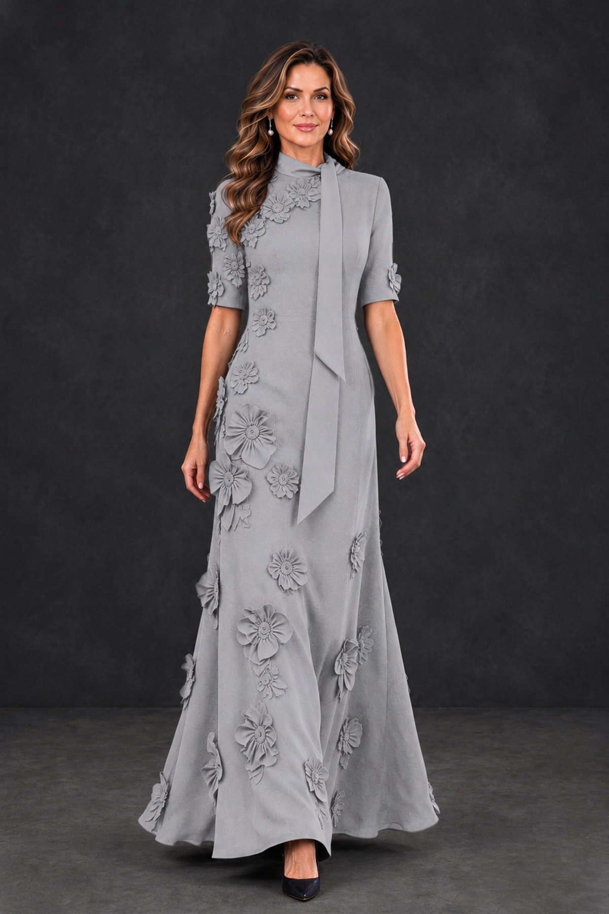 BOLODOO Silver Floral Applique High-Neck Half-Sleeve Gown - Silver - Silver_4