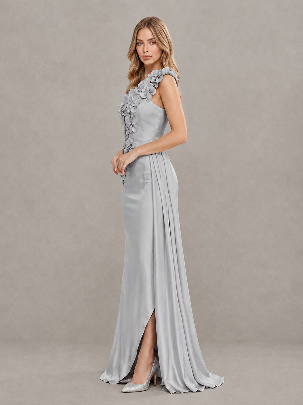 BOLODOO Silver One-Shoulder Satin Mermaid Evening Gown with 3D Floral Appliqué - Silver - Silver_4