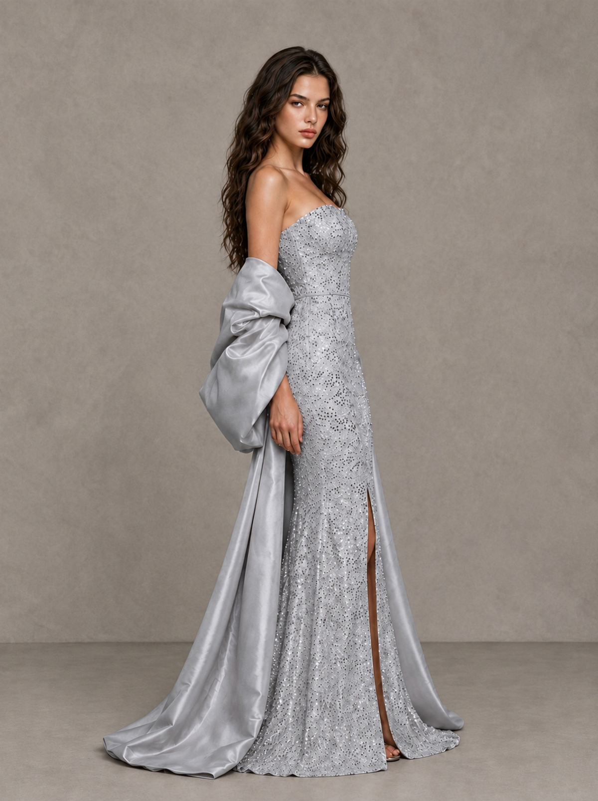 BOLODOO Silver Strapless Sparkle Mermaid Prom Dress with Front Slit and Draped Sleeves - Silver - Silver_4