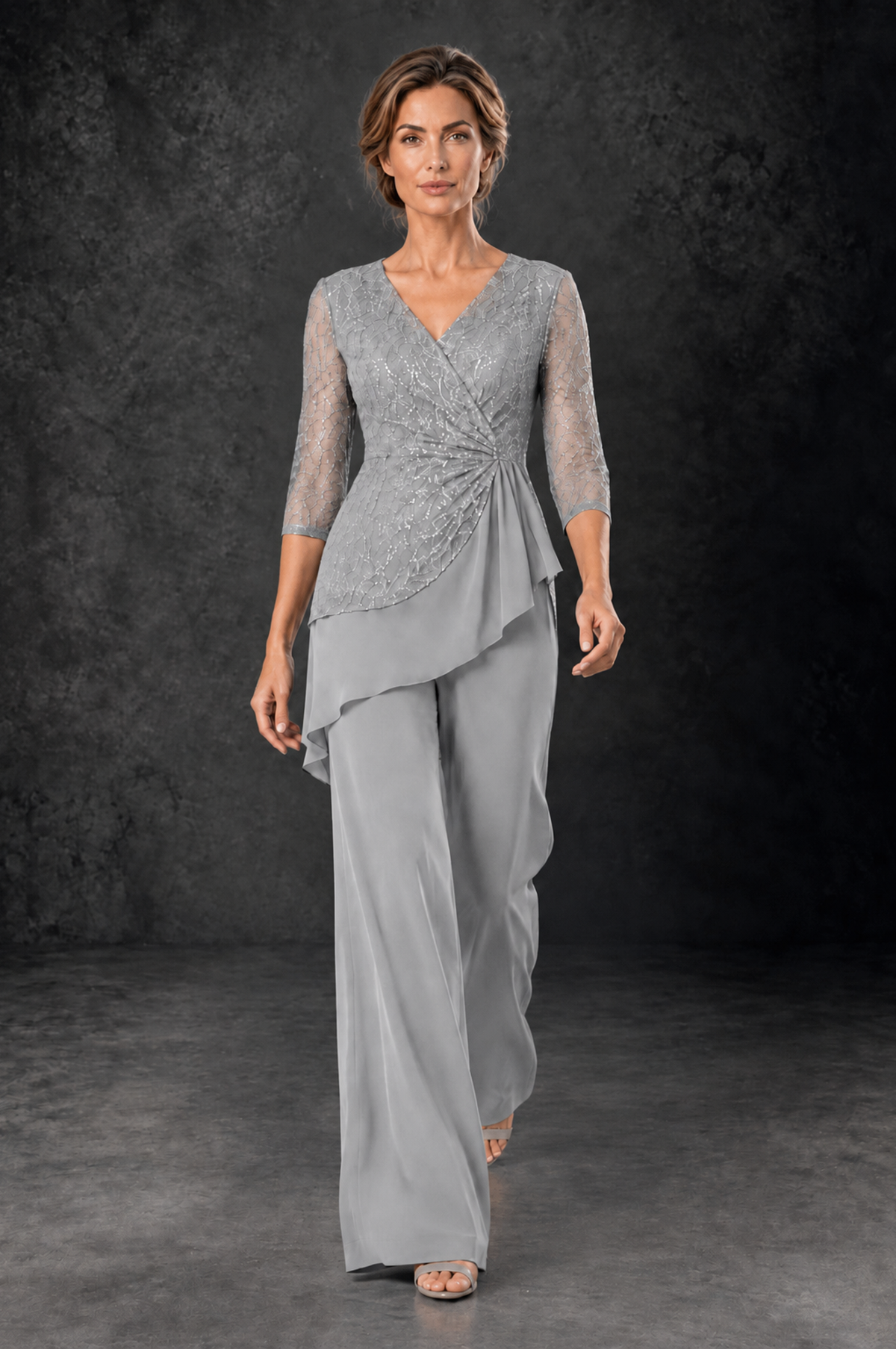 BOLODOO Silver Sequin Lace 3/4 Sleeve Chiffon Mother of the Bride Pant Suit - Silver - Silver_4