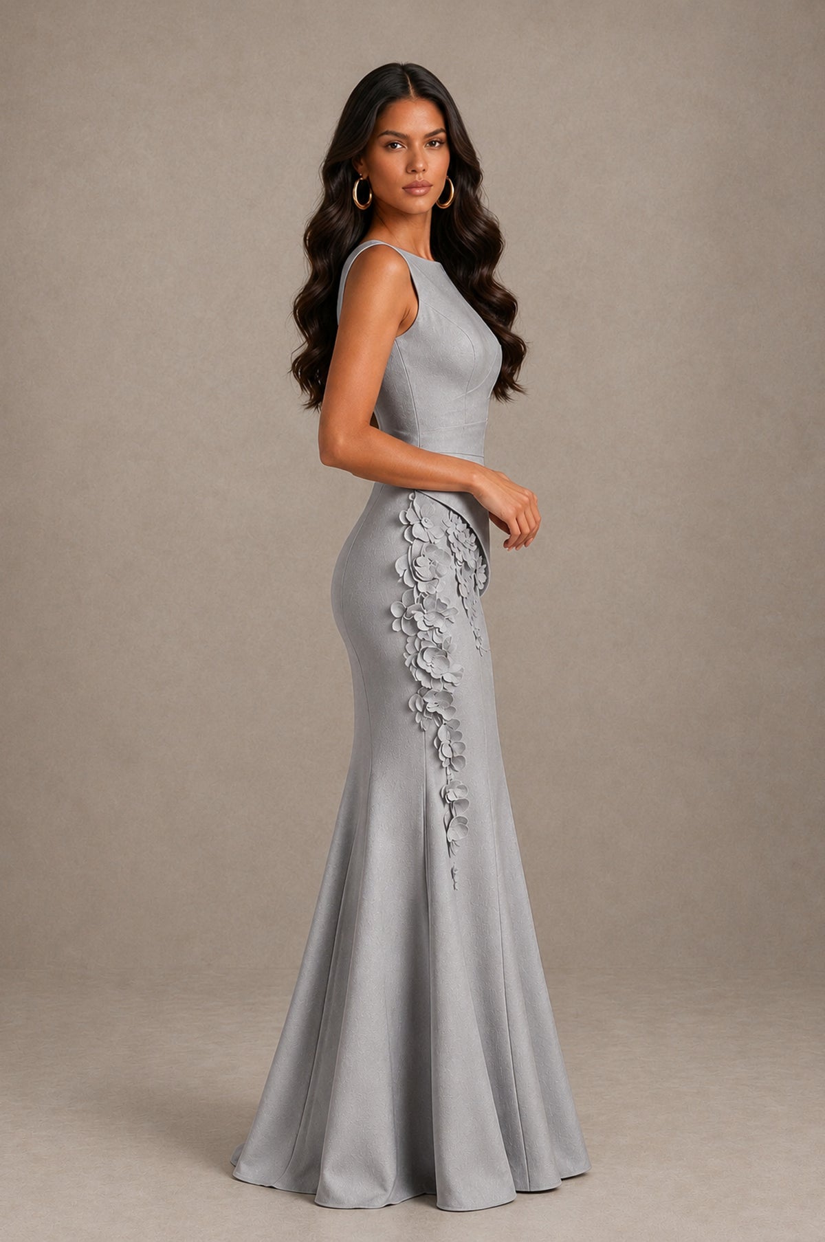 BOLODOO Silver Bateau Neck Sleeveless Asymmetric Peplum 3D Petal Appliqué Mermaid Gown BD0421 - Silver - Silver_4