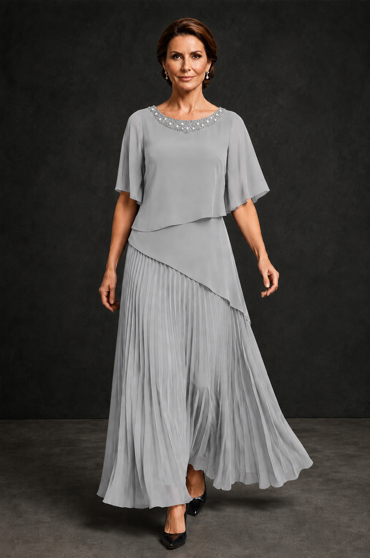 BOLODOO Silver Pearl Beaded Neck Asymmetric Tiered Flutter Sleeve Pleated Chiffon Maxi Dress - Silver - Silver_4