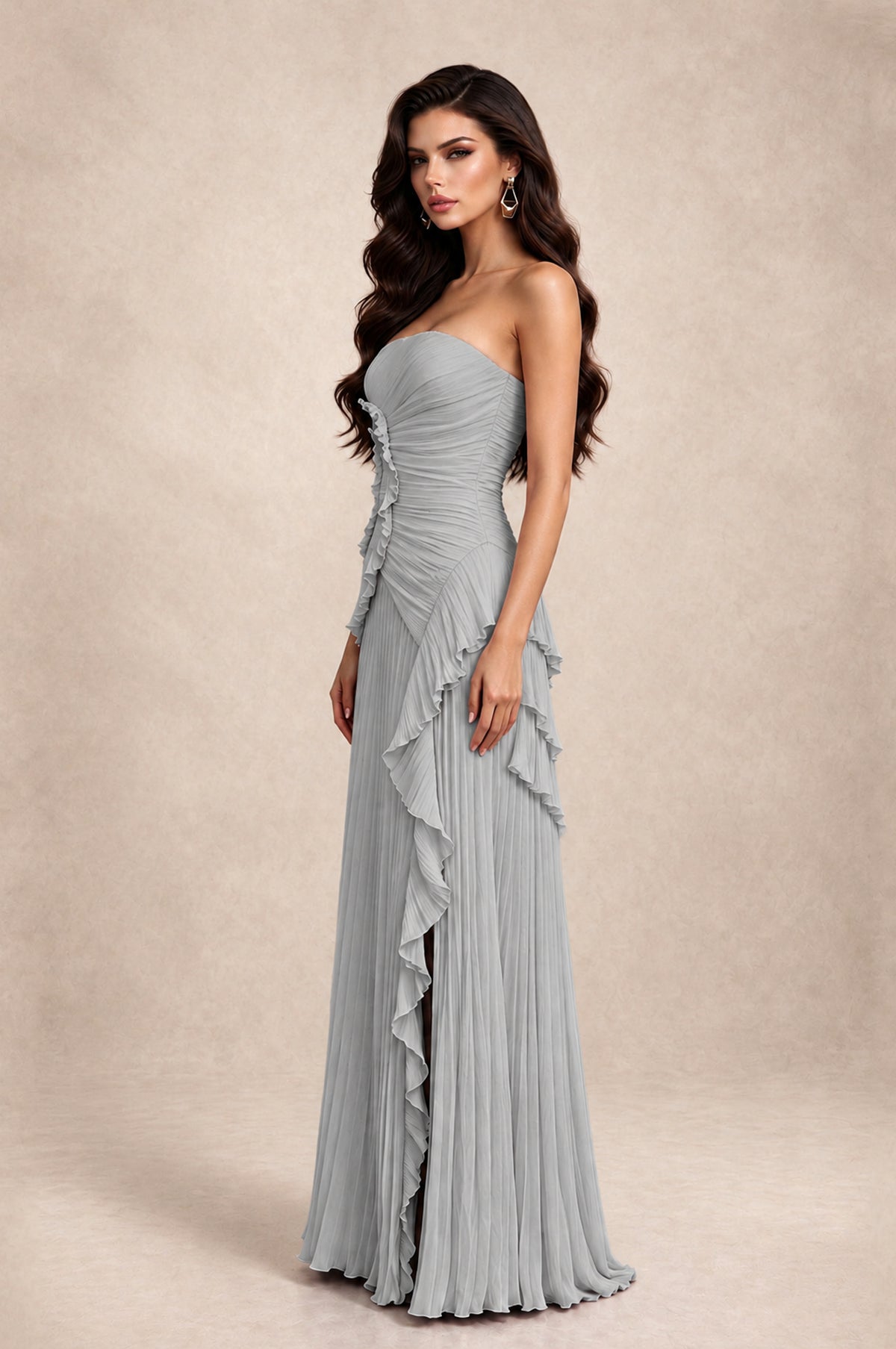 BOLODOO Silver Strapless Ruffle Pleated Slit Evening Gown - Silver - Silver_4