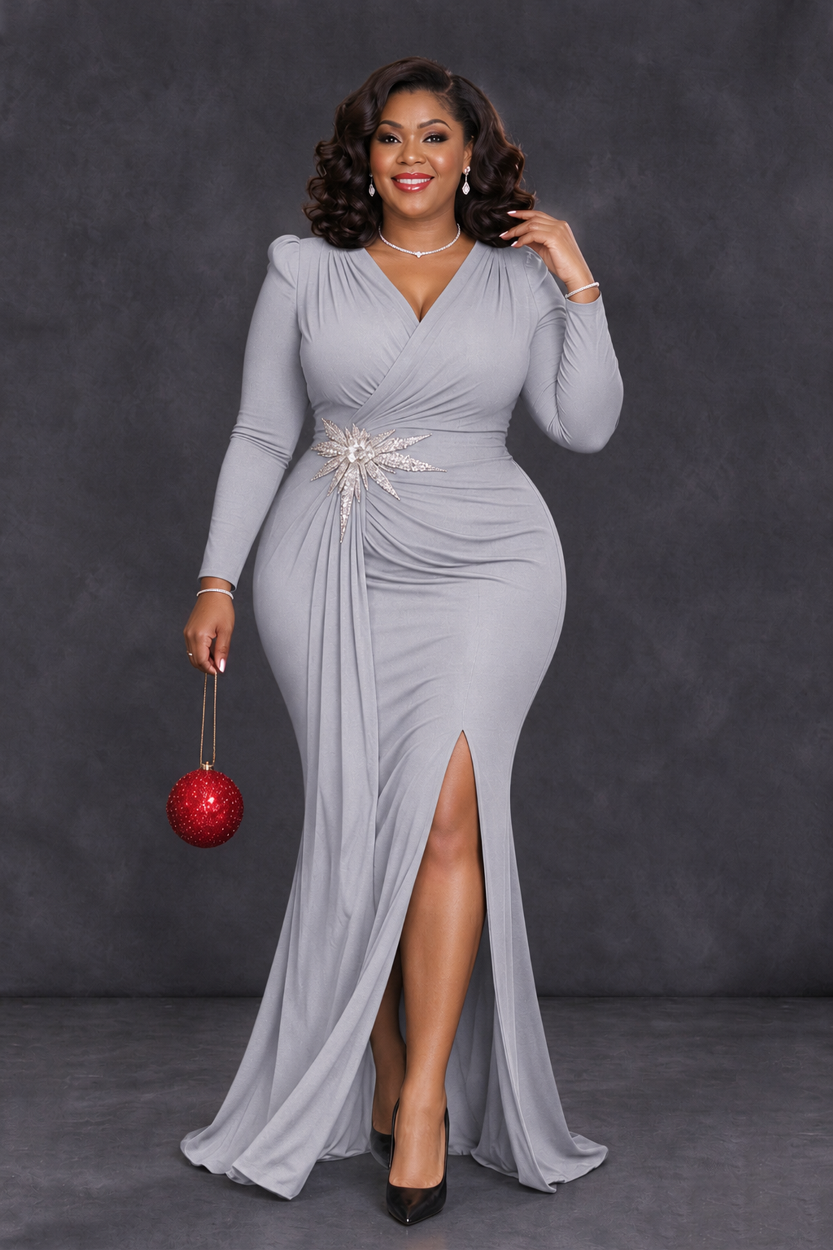 BOLODOO Silver Plus Size Long Sleeve V-Neck Mother of the Bride Dress with Slit - Silver - Silver_4