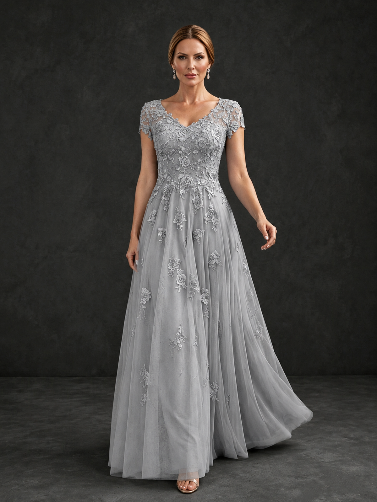 BOLODOO Silver Cap Sleeve Lace Appliqué A-Line Formal Gown | Mother of the Bride Dress - Silver - Silver_4