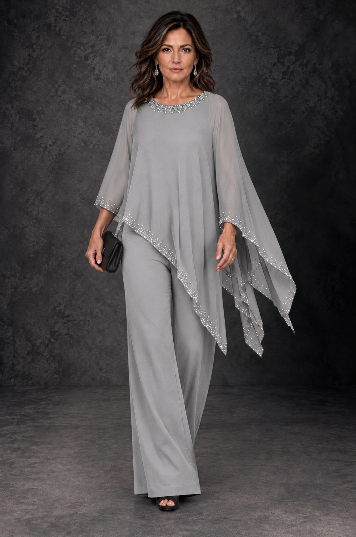 BOLODOO Silver Embellished Cape Mother of the Bride Pantsuit - Silver - Silver_4
