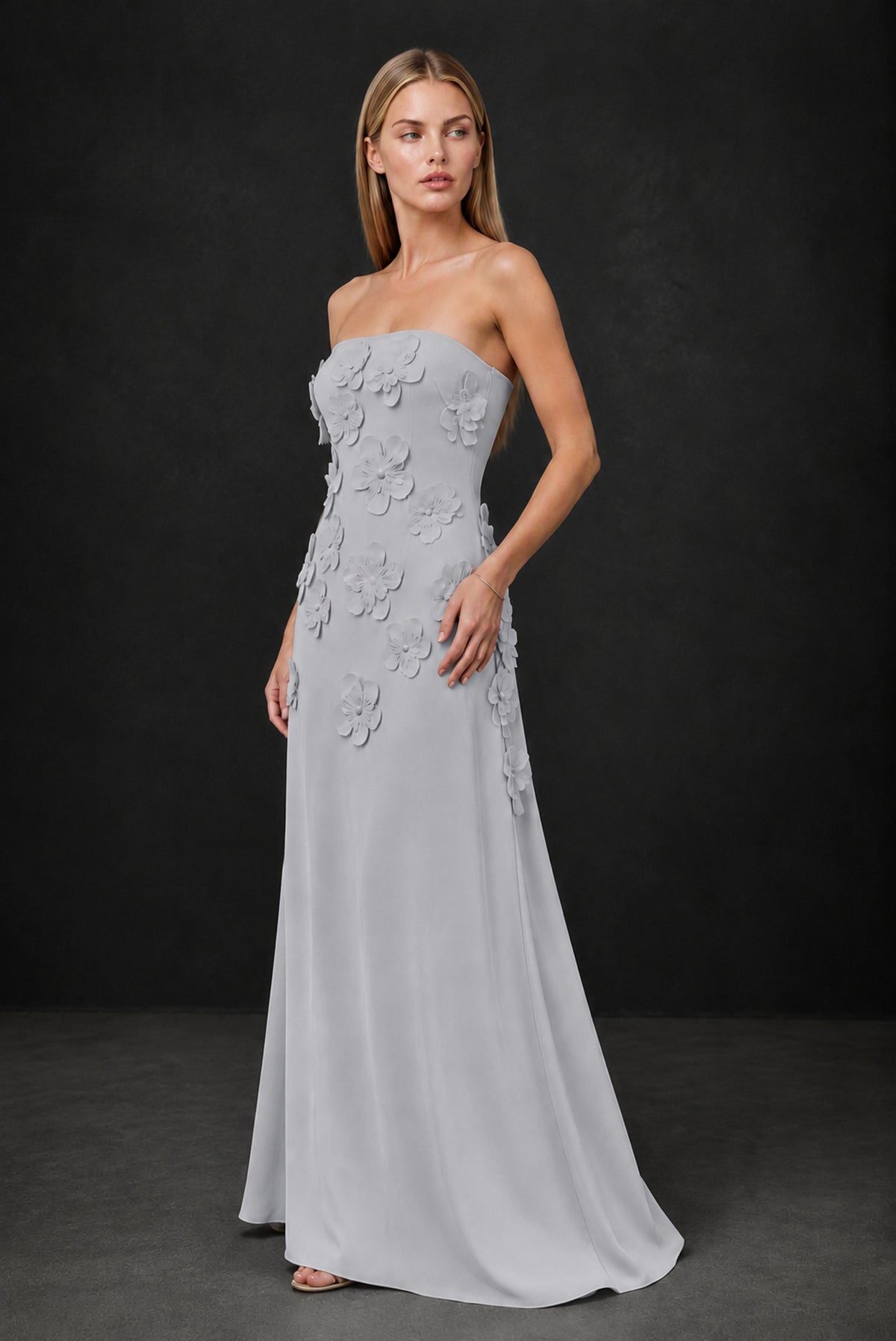 BOLODOO Silver Strapless 3D Floral Appliqué Crepe Maxi Gown - Silver