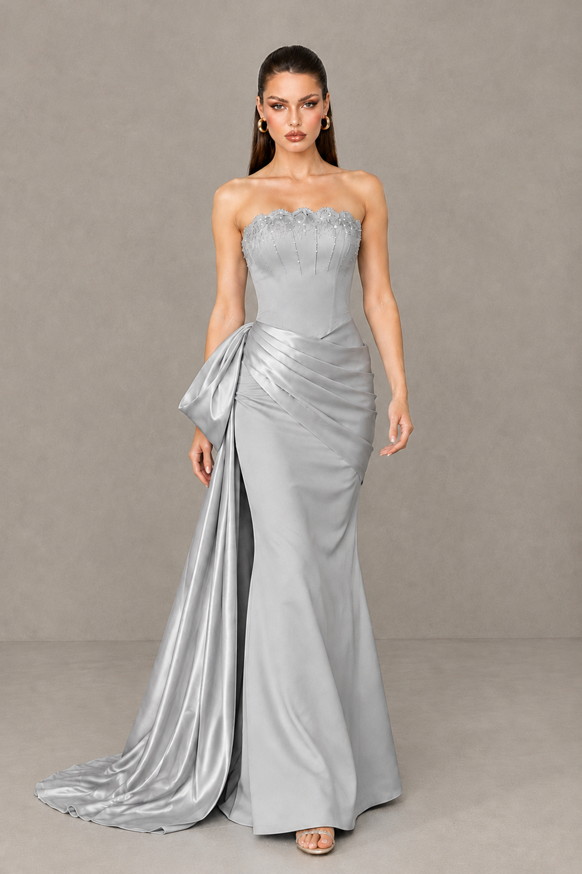 BOLODOO Silver Strapless Satin Prom Dress with Draped Side Train - Silver - Silver_4