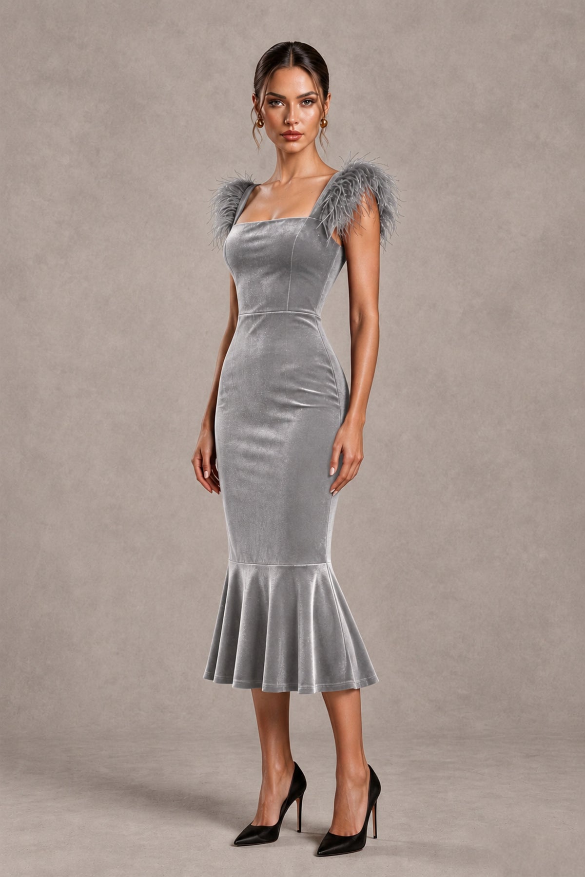 BOLODOO Silver Feather-Trim Velvet-Look Mermaid Midi Dress - Silver - Silver_4