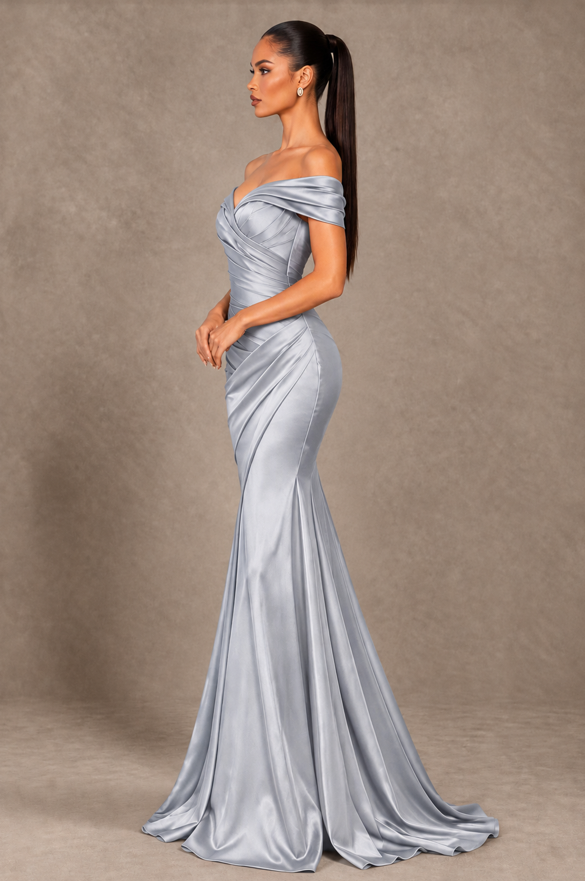 BOLODOO Silver Off-the-Shoulder Ruched Satin Mermaid Evening Dress - Silver - Silver_4
