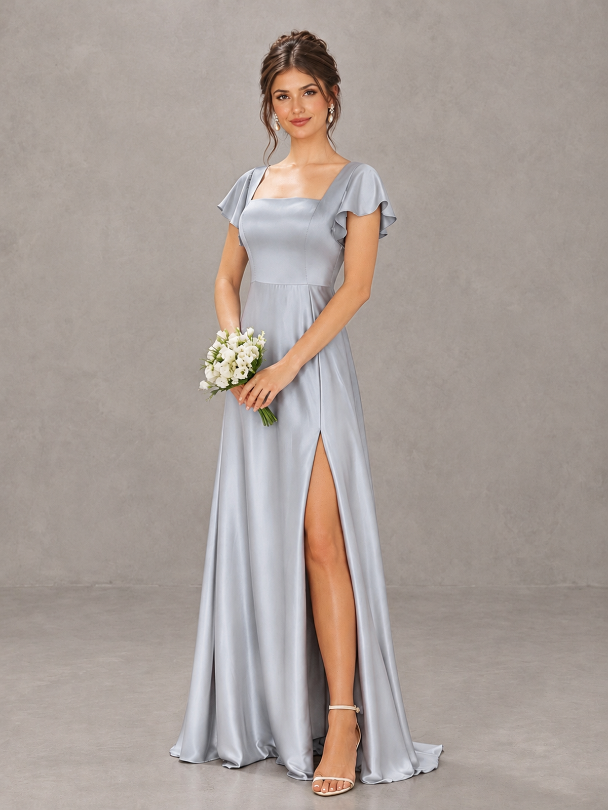 BOLODOO Silver Satin Square Neck Flutter Sleeve A-Line Bridesmaid Dress with Slit - Silver - Silver_4