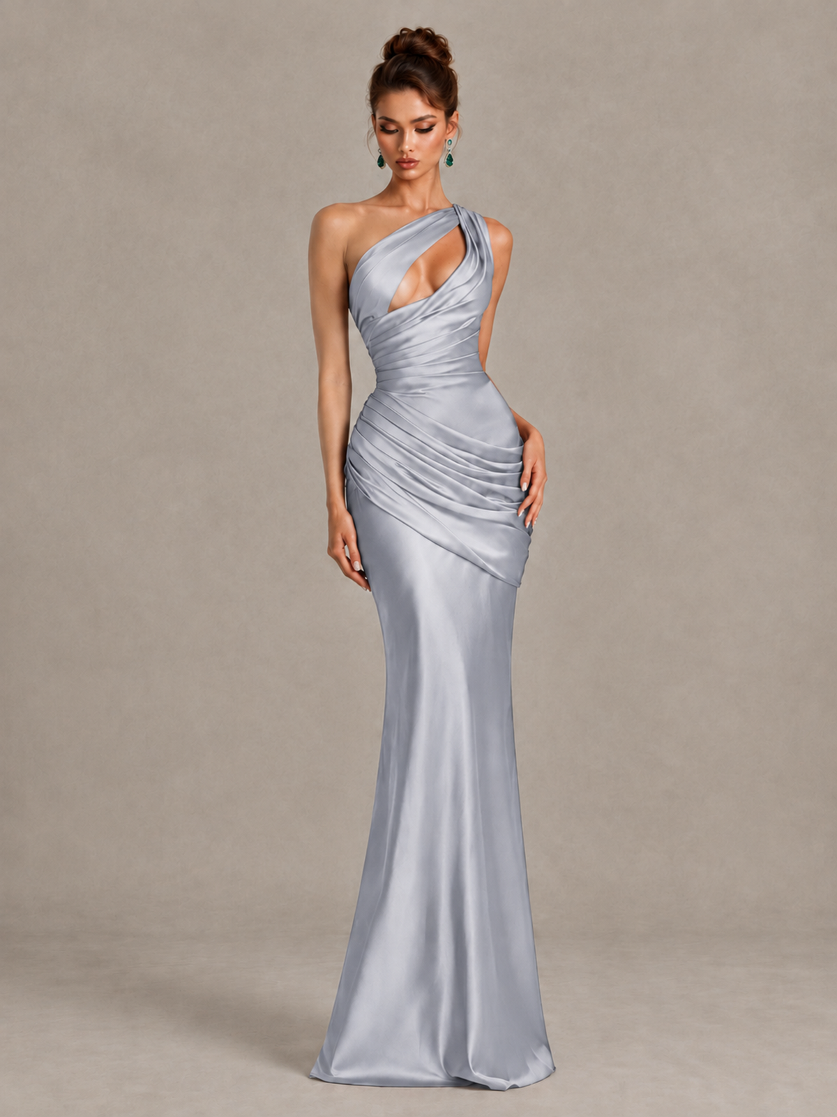 BOLODOO Silver One-Shoulder Cutout Satin Mermaid Prom Dress - Silver - Silver_4