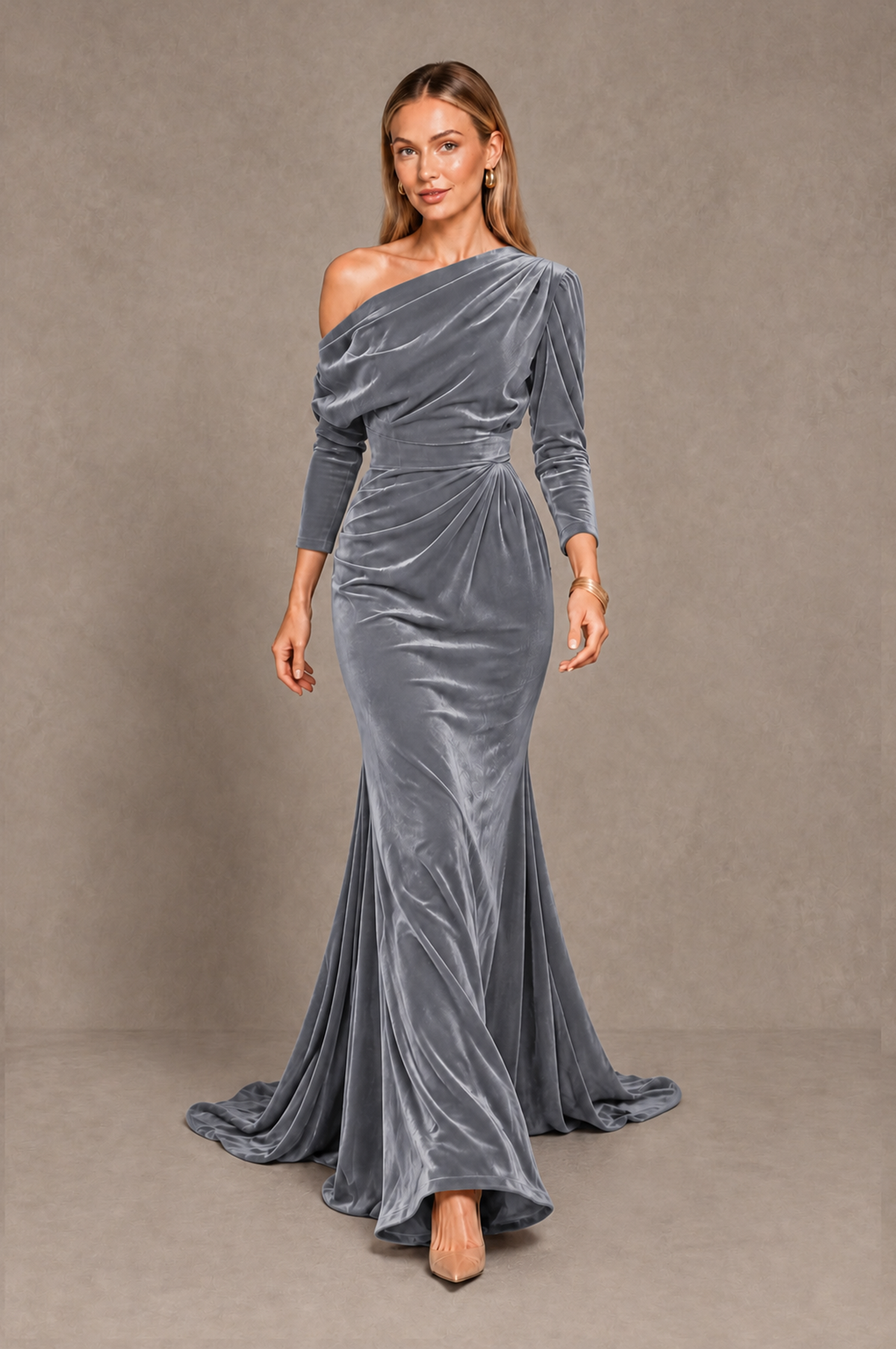 BOLODOO Silver Velvet Asymmetric Neck Mermaid Evening Dress - Silver - Silver_5