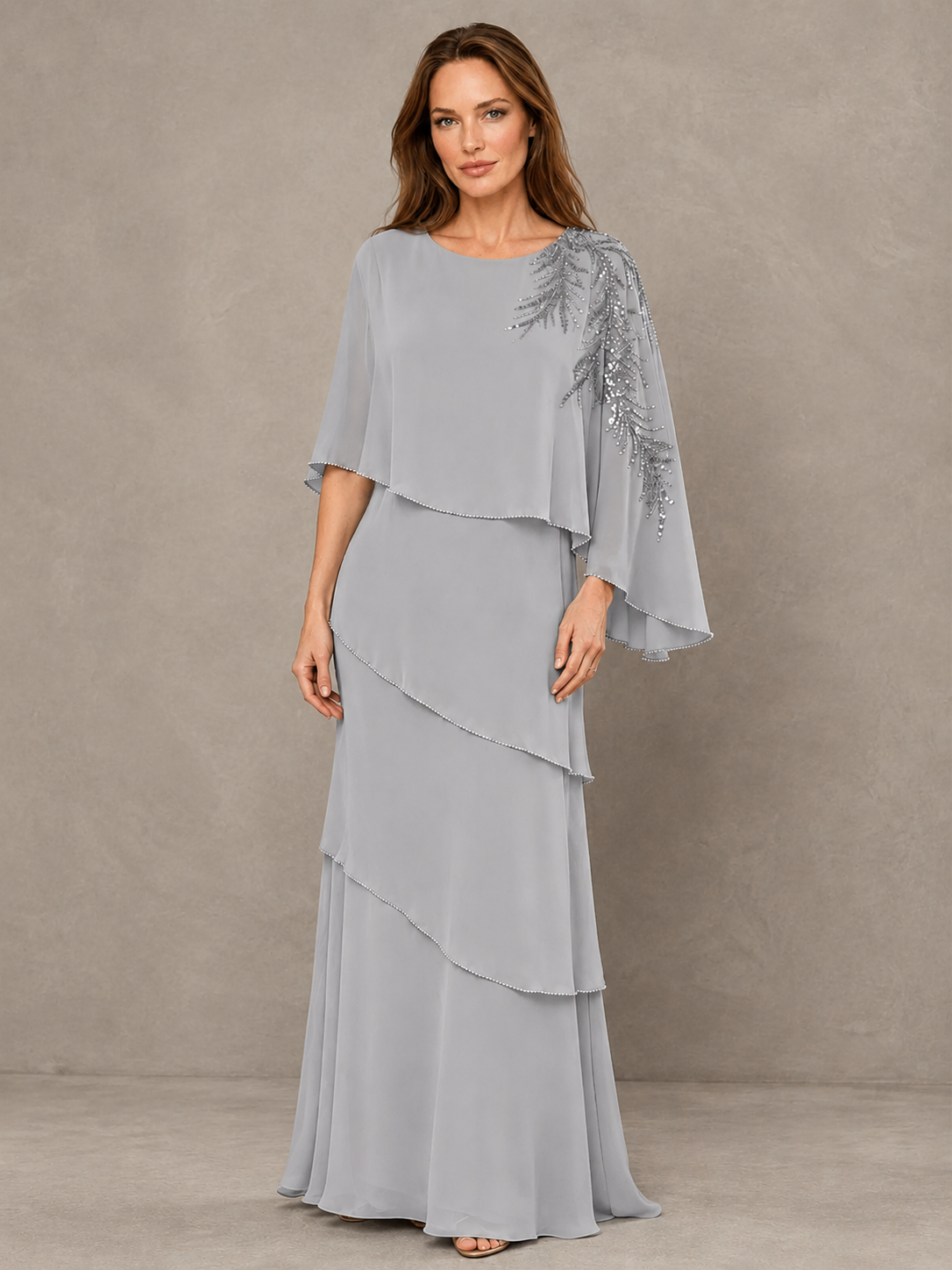 BOLODOO Silver Mocha Asymmetric Cape Sleeve Silver Sequin Embroidered Pearl Trim Tiered Chiffon Gown - Silver