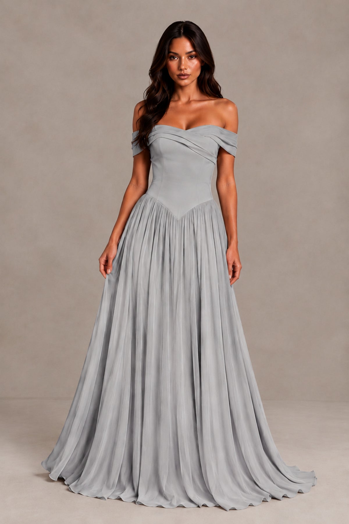 BOLODOO Silver Off-Shoulder Sweetheart Corset Pleated Chiffon Maxi Dress - Silver - Silver (1)