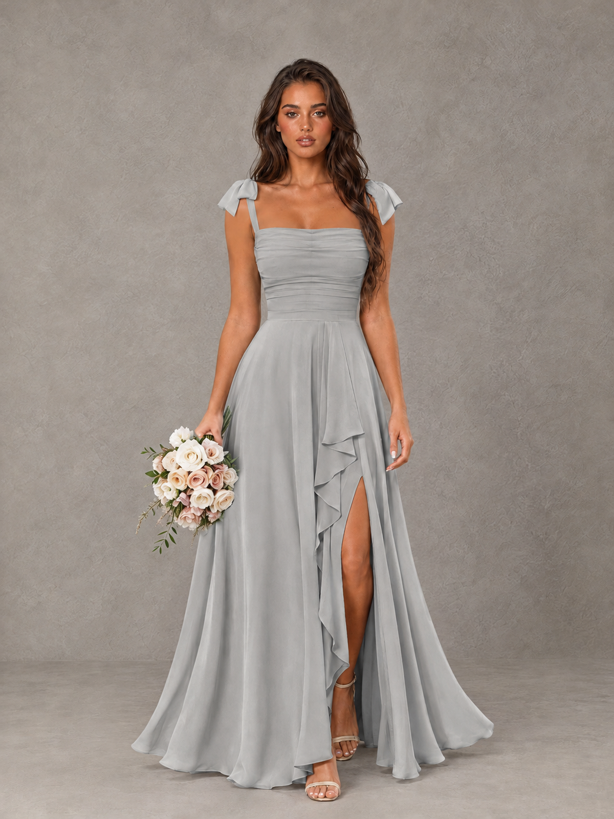 BOLODOO Silver Bow-Strap Bridesmaid Dress with Ruffle Slit - Silver - Silver (1)