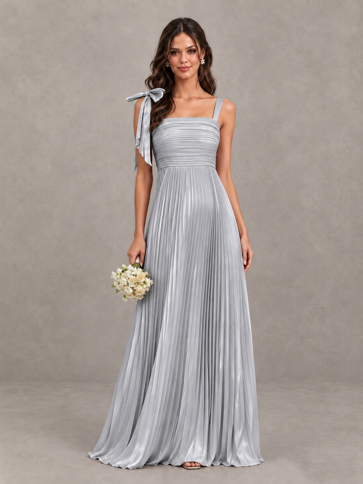 BOLODOO Silver Pleated Bow-Strap Bridesmaid Maxi Dress - Silver - Silver (1)