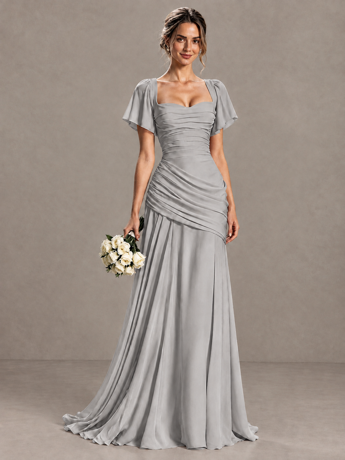BOLODOO Silver Flutter Sleeve Lace-Up Back Maxi Dress - Silver - Silver (1)