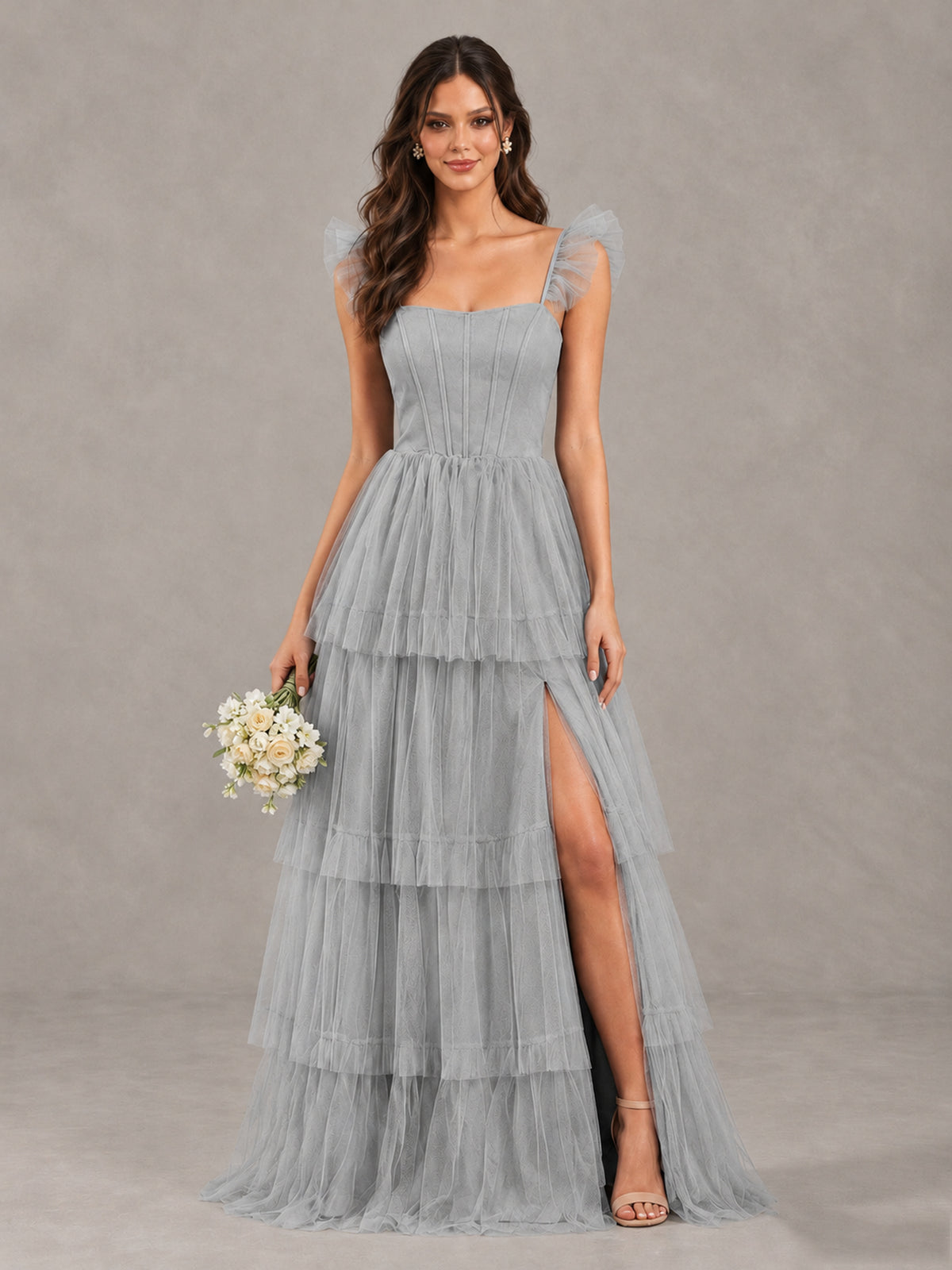 BOLODOO Silver Tiered Tulle Bridesmaid Dress with Slit - Silver - Silver (1)