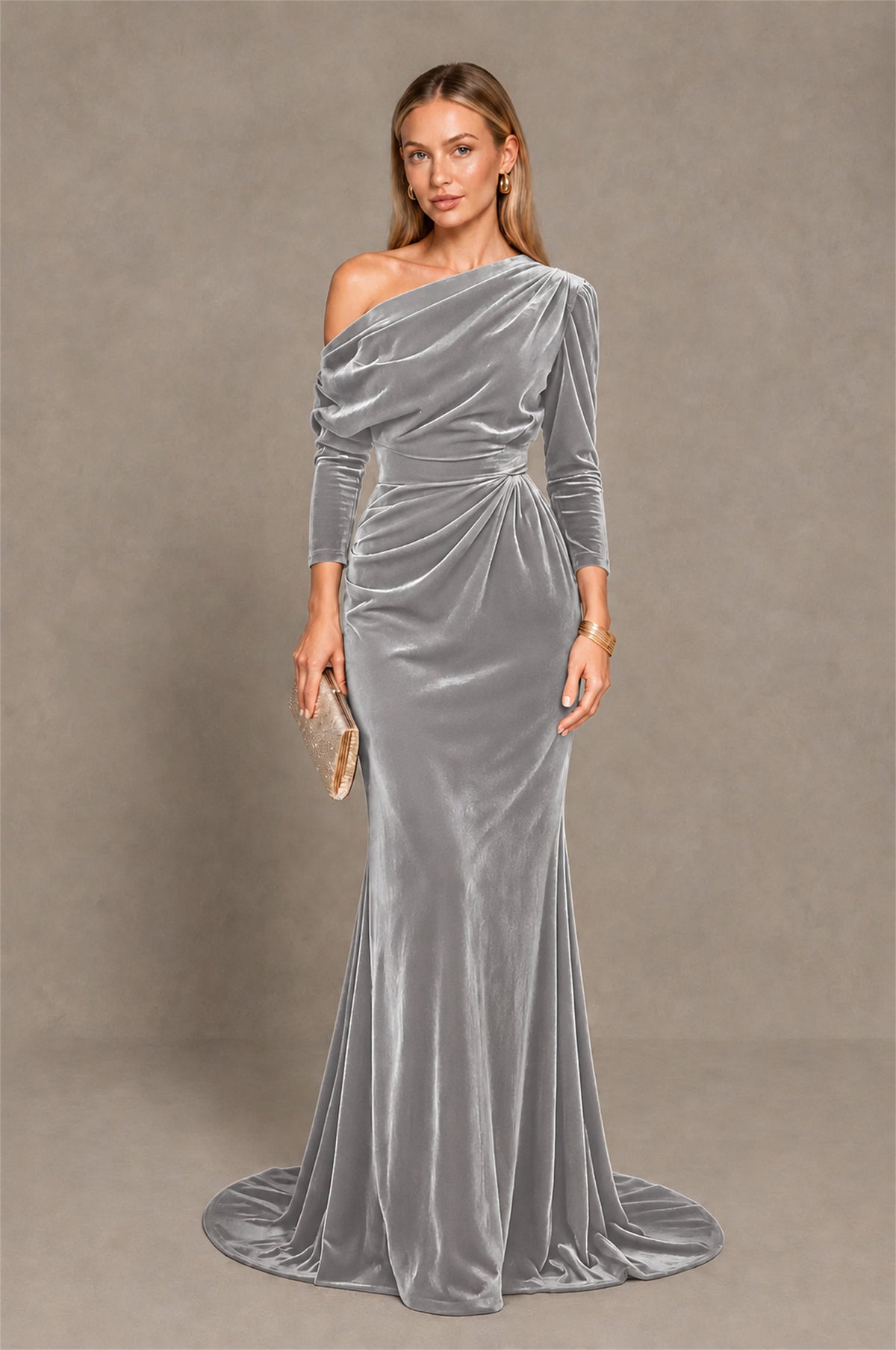 BOLODOO Silver Velvet One-Shoulder Long Sleeve Evening Gown - Silver