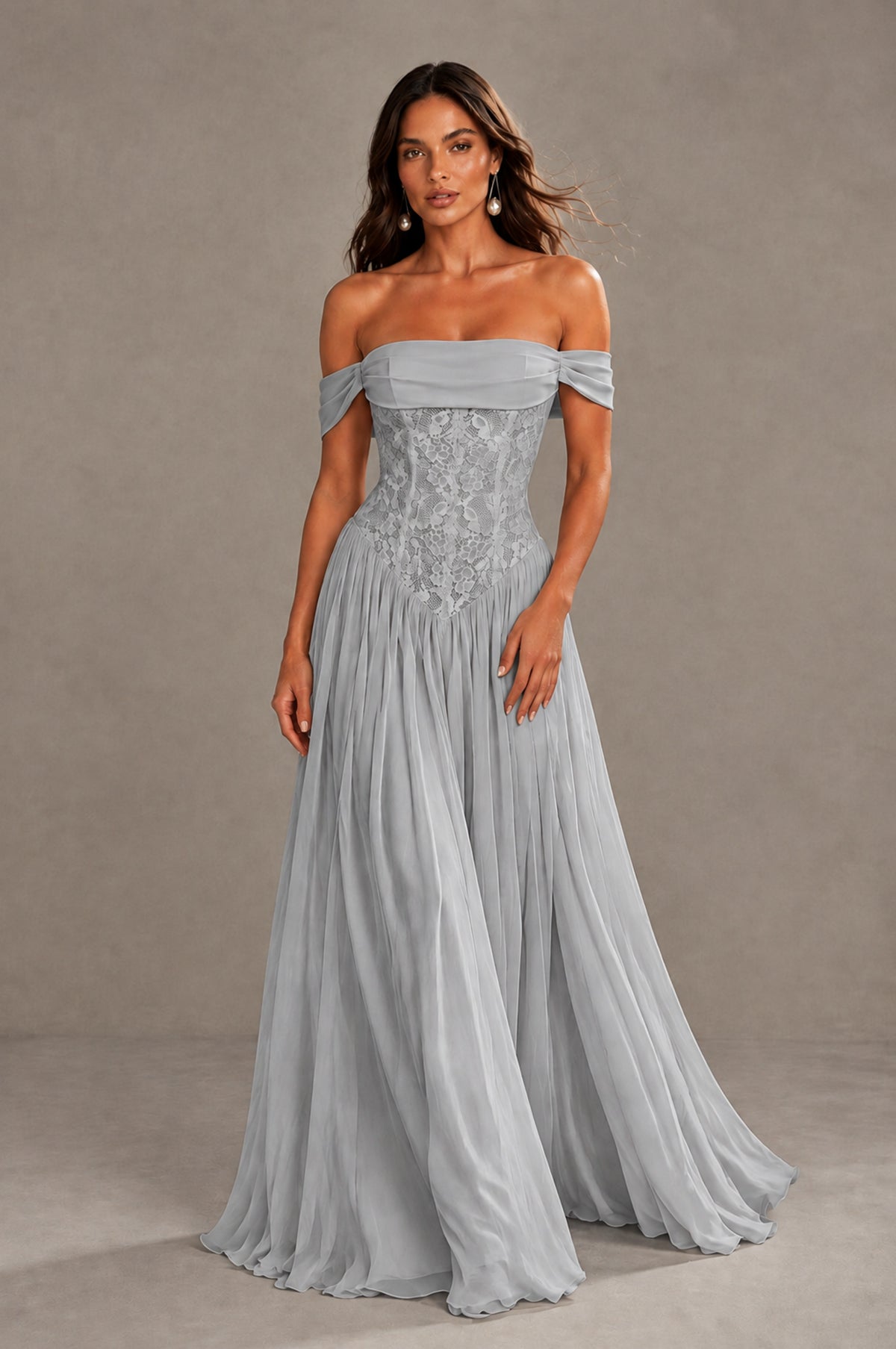BOLODOO Silver Off-Shoulder Lace Corset Tulle Maxi Dress - Silver - Silver (1)
