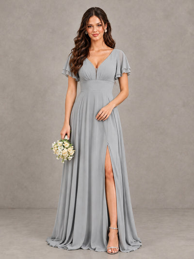 BOLODOO Silver Flutter Sleeve Chiffon A-Line Maxi Bridesmaid Dress with Open Back & Slit - Silver - Silver (1)