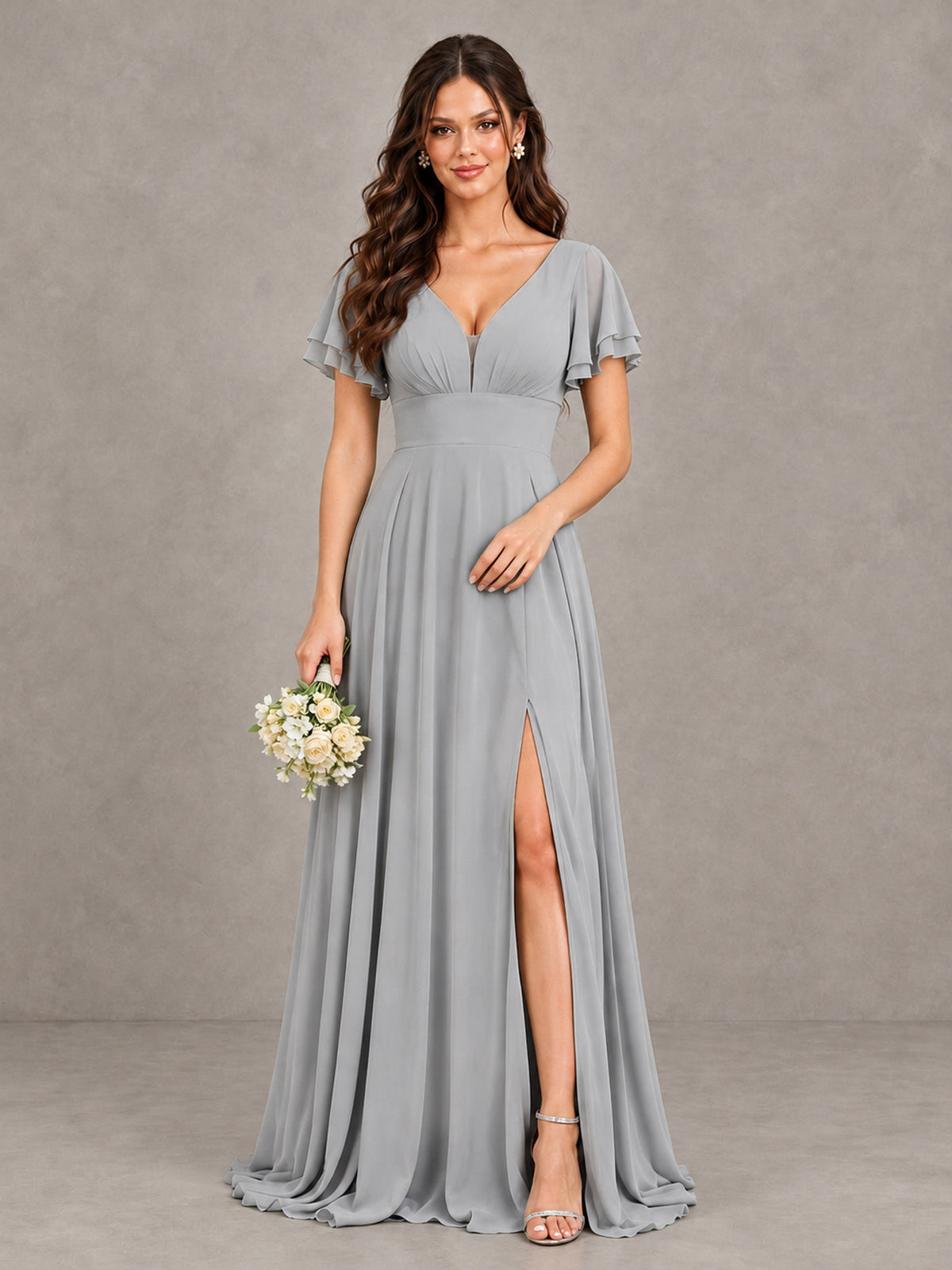 BOLODOO Silver Flutter Sleeve Chiffon A-Line Maxi Bridesmaid Dress with Open Back & Slit - Silver - Silver (1)