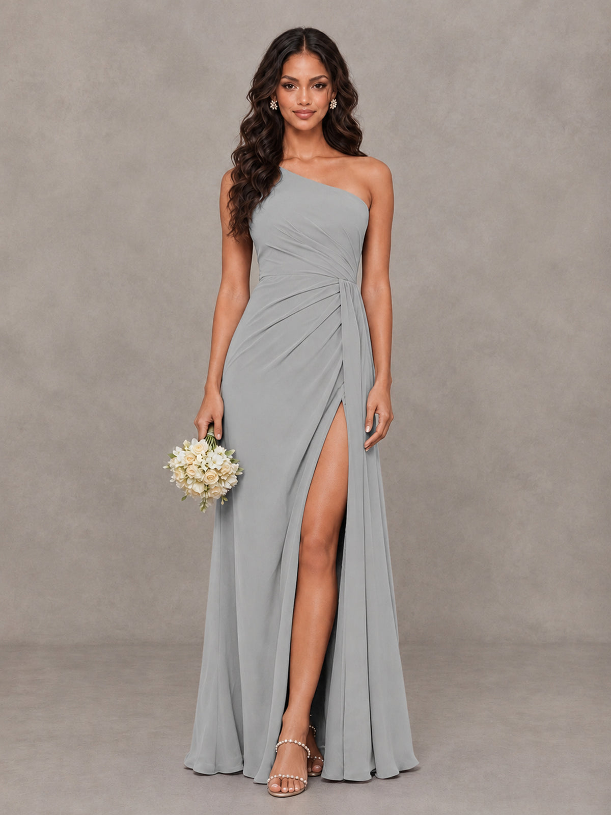 BOLODOO Silver One-Shoulder Chiffon Bridesmaid Dress with Ruched Bodice & High Slit - Silver - Silver (1)