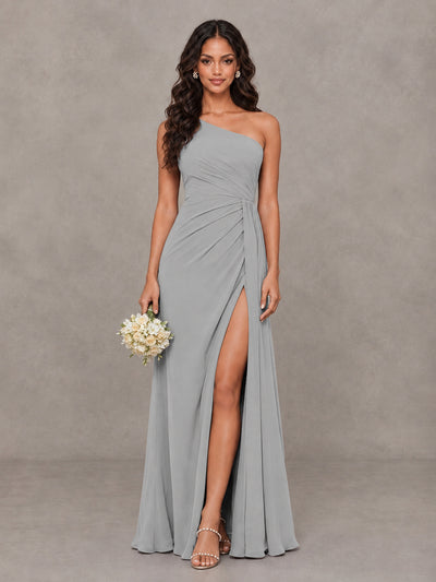 BOLODOO Silver One-Shoulder Chiffon Bridesmaid Dress with Ruched Bodice & High Slit - Silver - Silver (1)