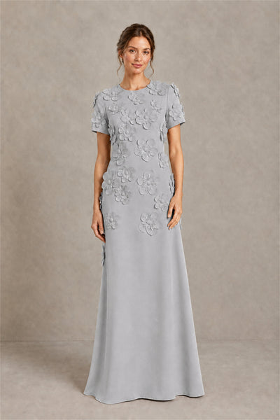 BOLODOO Silver Textured Floral Maxi Dress with Short Sleeves - Silver