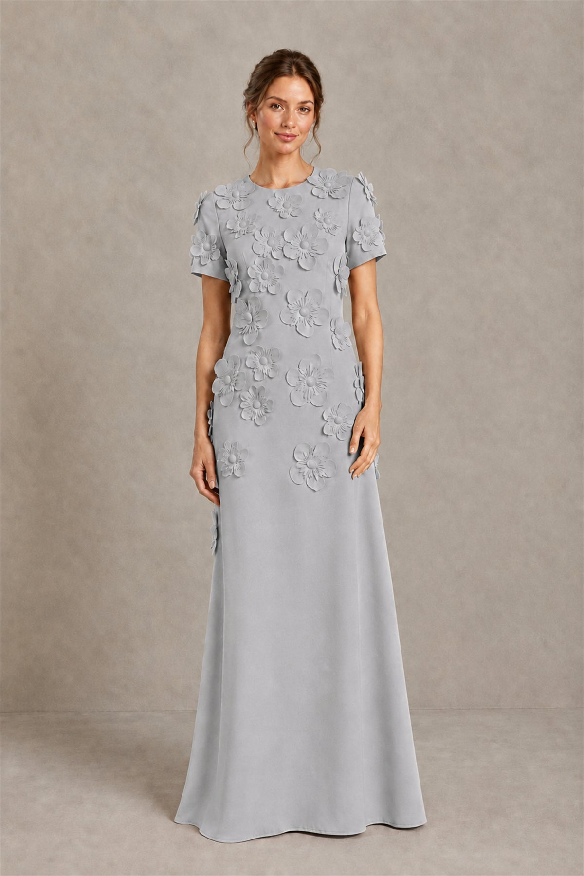 BOLODOO Silver Textured Floral Maxi Dress with Short Sleeves - Silver