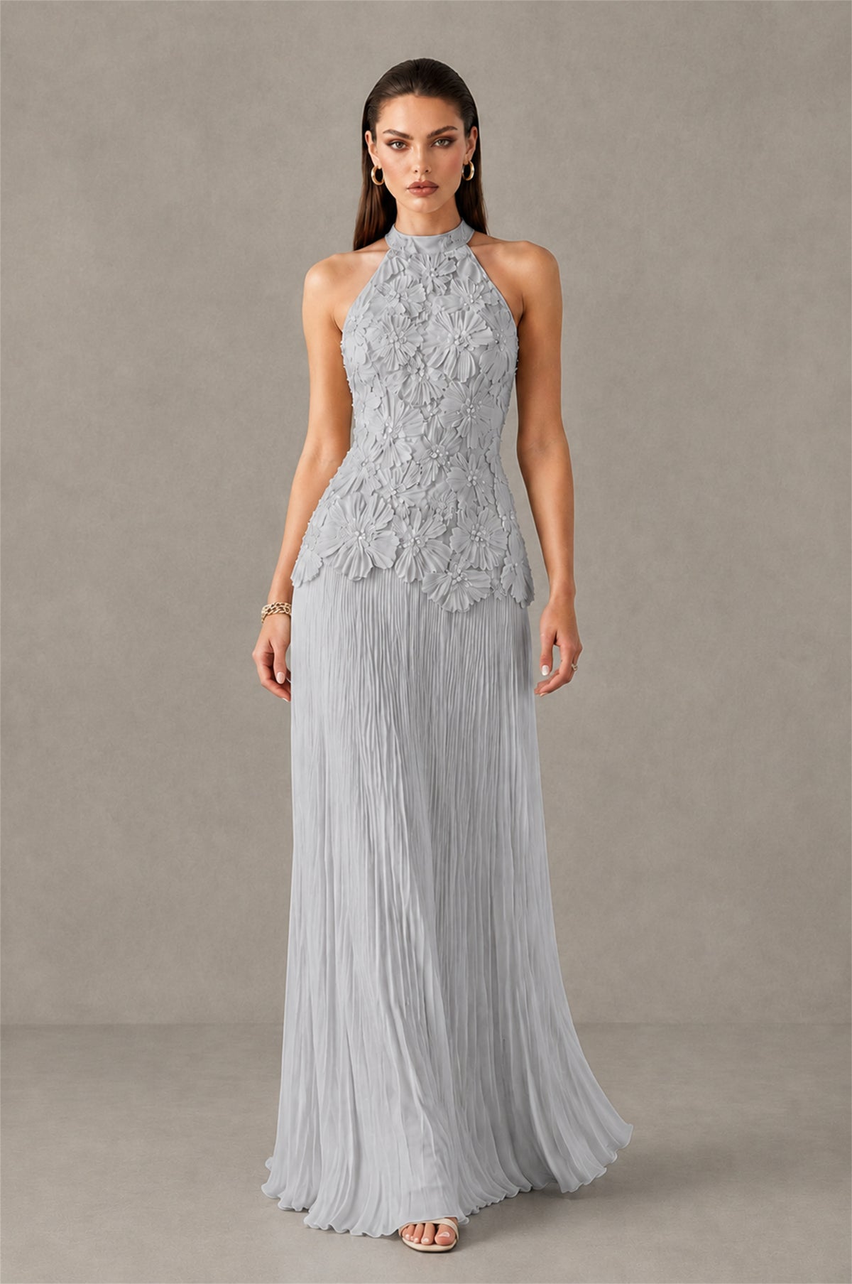BOLODOO Silver 3D Floral Applique Halter Neck Open Back Pleated Maxi Dress - Silver