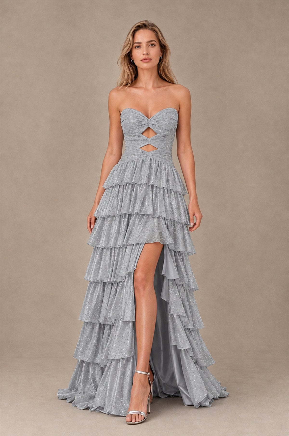 BOLODOO Silver Strapless Cutout Tiered Ruffle Prom Dress with High Slit - Silver - Silver (1)