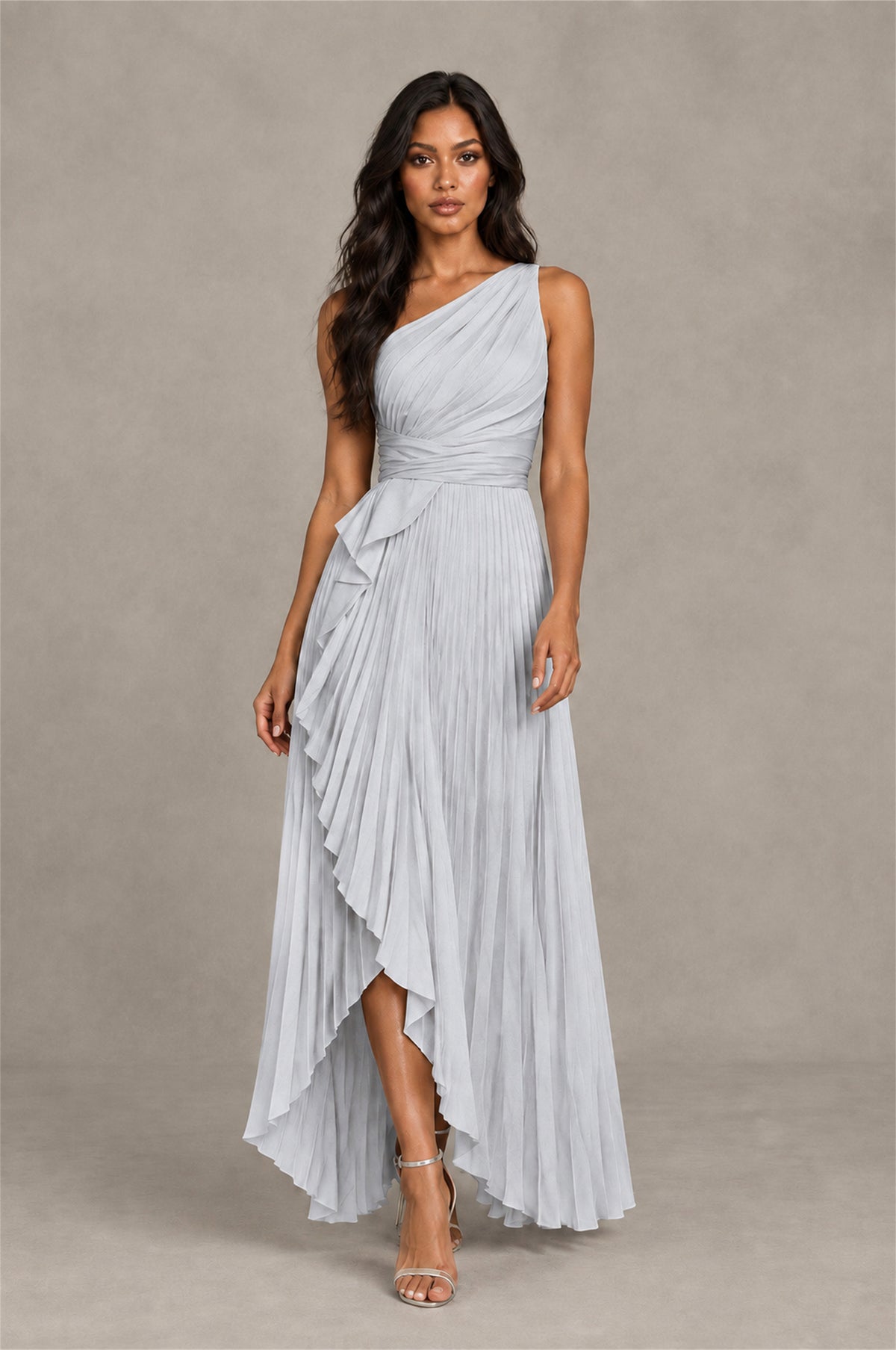 BOLODOO Silver One-Shoulder High-Low Ruffle Maxi Dress - Silver