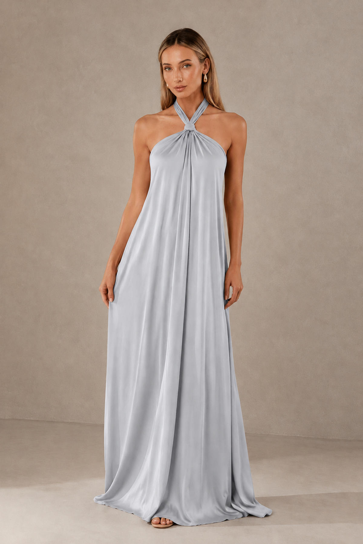 BOLODOO Silver Backless Halter Satin Bridesmaid Dress - Silver