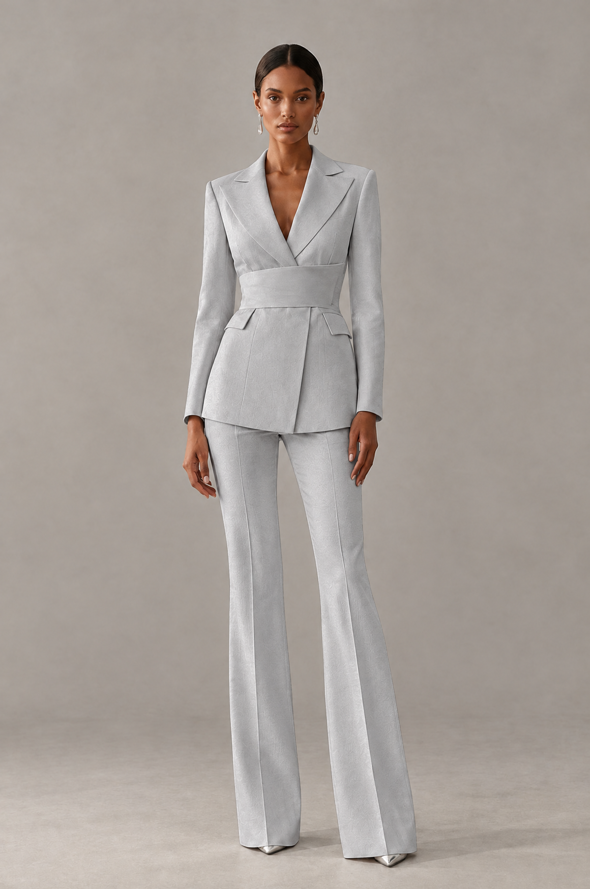 BOLODOO Silver Two-Piece Pantsuit with Tailored Blazer & Flared Pants - Silver - Silver (1)