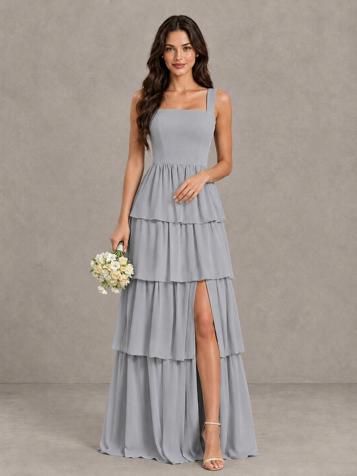 BOLODOO Silver Square Neck Tiered Bridesmaid Dress with Slit - Silver - Silver (1)