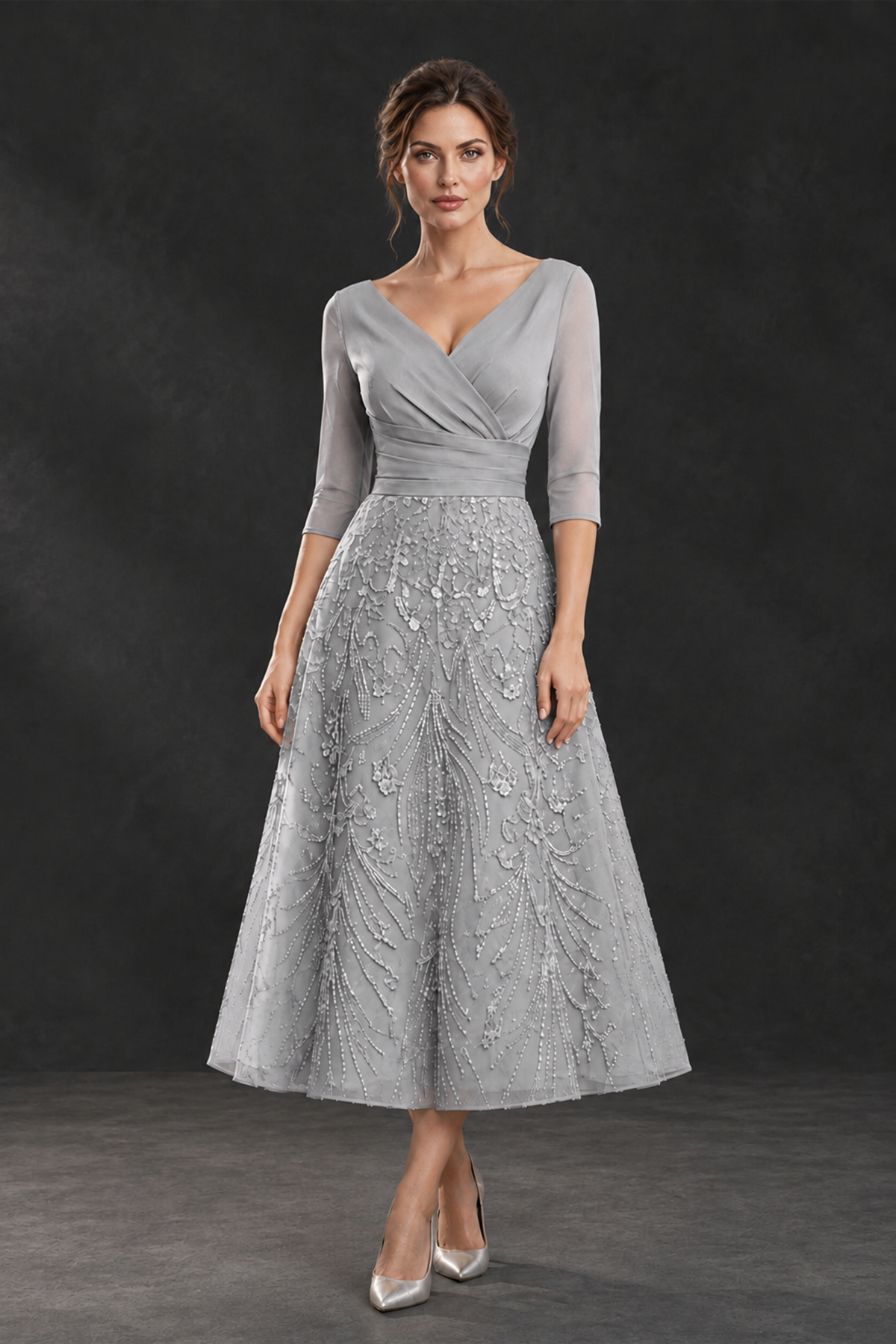 BOLODOO Silver V-Neck Tea-Length Lace Mother of the Bride Dress - Silver