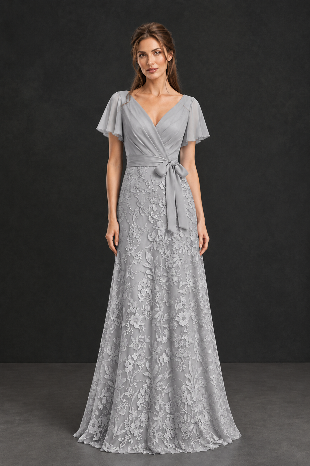 BOLODOO Silver Flutter Sleeve Lace Mother of the Bride Dress - Silver