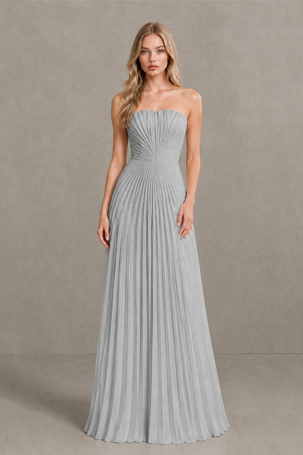 BOLODOO Silver Strapless Sunburst Pleated Twisted Knot Lace-Up Back Accordion Pleated Chiffon Maxi Dress - Silver
