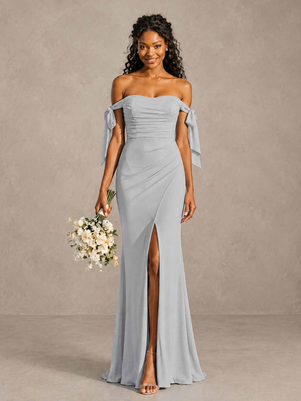 Silver Off-Shoulder Bow Bridesmaid Dress with Slit - Silver - Silver (1)